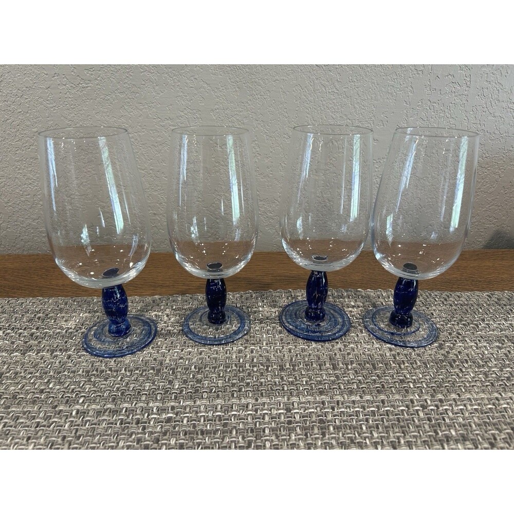 Hand Blown Glass Wine Glasses Set Of 4 Cobalt Blue Speckled Swirled Stems 8.5”